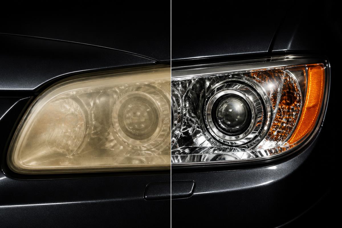 Headlight before and after restoration showing oxidation removal