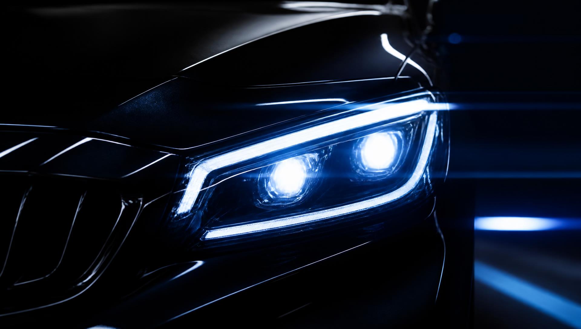 Car headlight with bright LED beam at night